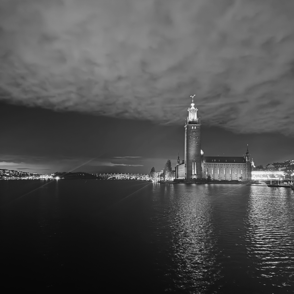 Stockholm City Hall in black and white